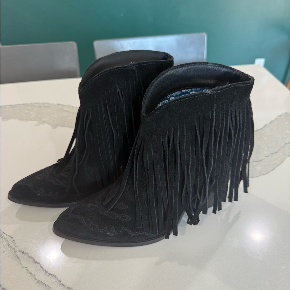 Dingo Black Suede Fringe Booties